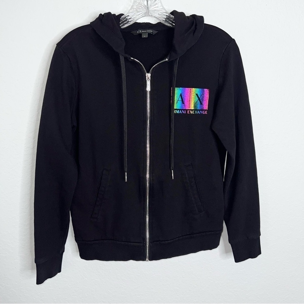 Armani Exchange Sweater Women Medium Zip Up Black Hooded Rainbow Z